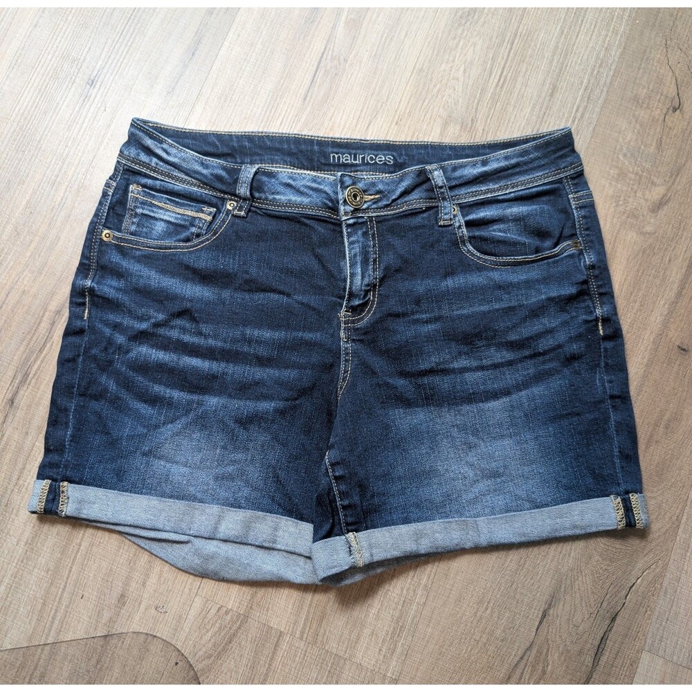 Maurices Size 9/10 Jean Shorts Cuffed Stretch Mid-Rise Dark Wash Denim Whiskered